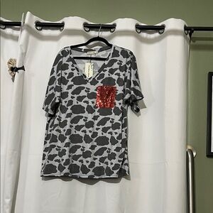Gray and Black Cow Print Tee with Red Sequin Pocket